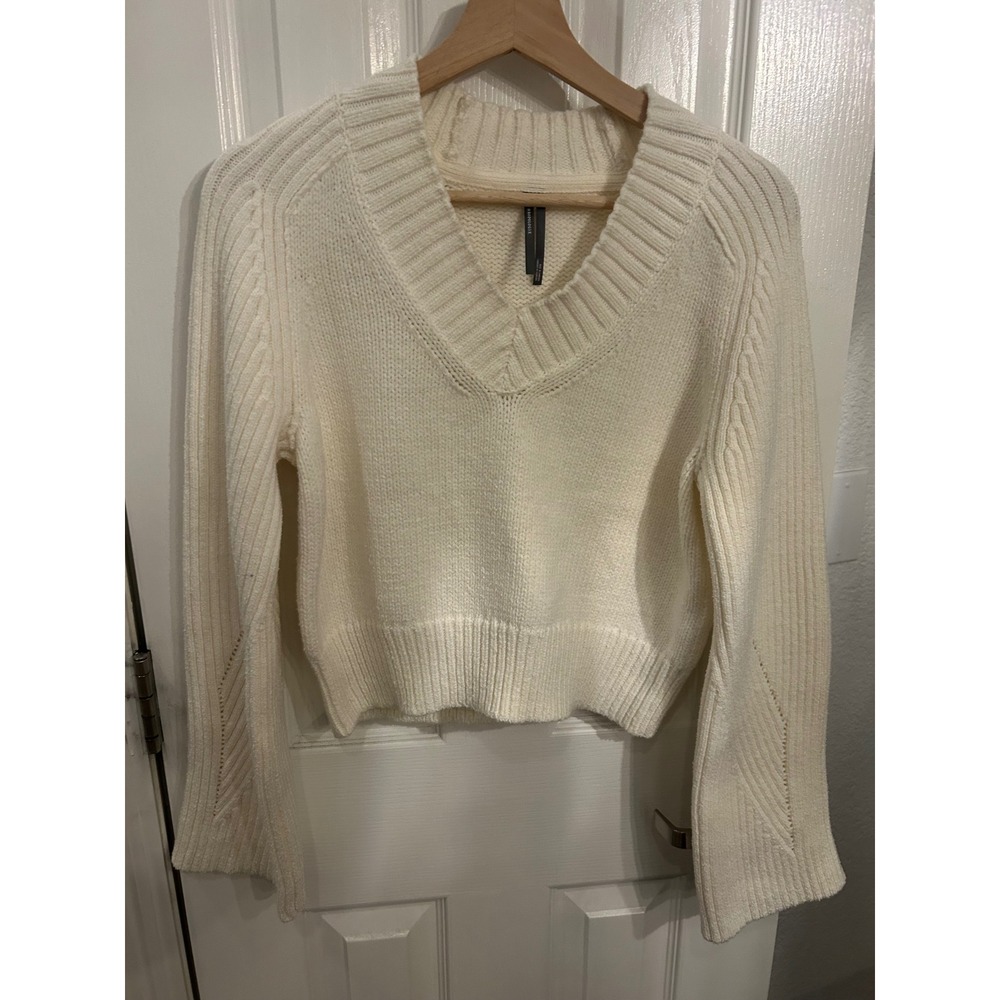 Anthropologie Cream V-Neck Cotton Wool Blend Textured Knit Sweater XS